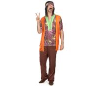 DEGUISE TOI - Déguisement hippie rose et marron homme - Haut avec gilet - Pantalon - Collier - Bandeau - M/L - Coloré - Déguisements adultes - 100% Polyester - Lavable à la main - Carnaval