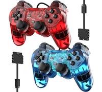 Degulan Manette filaire pour manette de jeu PS-2 haute performance double choc compatible avec Play 2 (rouge transparent et bleu clair)