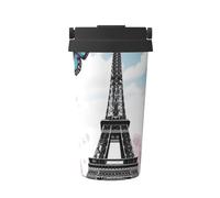 DEHIWI Tasse de voyage isotherme en acier inoxydable avec couvercle - Tour de Paris et papillon - 500 ml - Pour garder le café chaud/glacé, le thé et la bière