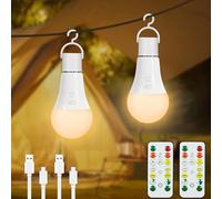 Dehobo Ampoule Rechargeable Avec Télécommande Dimmable 3 Couleurs, 2 Pack | Ampoule Rechargeable E27, 7W Bouton Control Ampoules avec Fonction de Timing pour Éclairage D'urgence Extérieur Blanc
