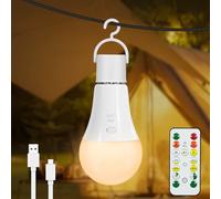 Dehobo Ampoule Rechargeable USB-C Avec Télécommande - Ampoule E27 Dimmable 3 Couleurs - 7W Bouton Control Ampoules avec Fonction de Timing pour Camping, Randonnée, Blanc Lot de 1