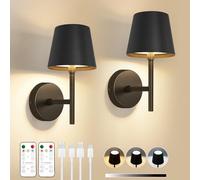 Dehobo Lot de 2 Appliques Murales Rechargeables, Alimentées Par Piles, Intensité Variable, 3 Couleurs Avec Télécommande, 5200 mAh, Lampes Murales LED Sans Fil en Métal Pour Chambre à Coucher Noir