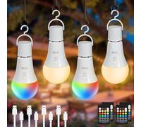 Dehobo RGB E27 Ampoule Rechargeable Avec Télécommande, 4 Packs | Ampoule Rechargeable Extérieure Dimmable 3 Couleurs, 7W Ampoules avec Fonction de Timing pour Décorations de Noël Camping