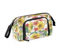 DEHOZO Grande trousse à crayons portable avec fermeture éclair, tournesol et coquelicot - Grande trousse à crayons pour bureau, école, étudiant, boîte à stylos multifonction pour fille, garçon, homme,