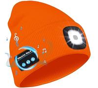 Deilin Bonnet Bluetooth avec LED Lampe pour Hommes Femmes, Bonnet avec lumière 4 LED Lampe USB Rechargeable Chapeau Bluetooth 5.0 avec écouteurs Stéréo sans Fil, Cadeau Noël Anniversaire, Orange