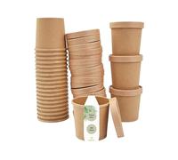 DeinPack 250 Tasses à soupe à emporter avec couvercle brun 750ml 26oz avec revêtement intérieur Tasses à soupe 250 Bio réutilisables avec couvercle | Gobelets à glaçons avec couvercle | biodégradable
