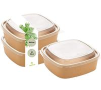 DeinPack Lot de 50 bols à salade de 1200 ml | à emporter avec couvercle marron carré I Bols recyclables en carton kraft emballage avec revêtement PLA I Bol à soupe | Bol à glace | Couvercle en PET