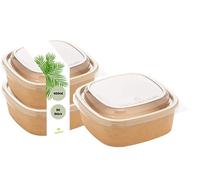 DeinPack Lot de 50 bols à salade de 400 ml | à emporter avec couvercle marron carré I Bols recyclables en carton kraft emballage avec revêtement PLA I Bol à soupe | Bol à glace | Couvercle en PET