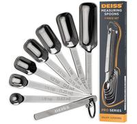 Deiss PRO Cuillères-mesures en acier inoxydable pour la cuisine, les épices, les ingrédients secs ou liquides, s'adaptent aux bocaux à épices, lot de 7 cuillères à mesurer avec niveleur