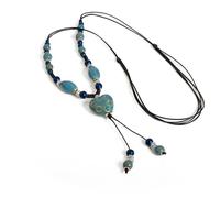 DEJIN Collier avec pendentif cœur bleu en céramique fait à la main vintage longue chaîne réglable avec grande breloque pour femme Cadeau