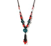 DEJIN Collier fait main en céramique rouge et bleu sarcelle émaillé ethnique vintage long pendentif corde réglable pour femme