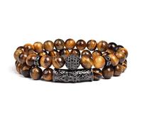 DEJIN Lot de 2 bracelets élastiques en perles œil de tigre de 8 mm en pierre naturelle pour homme et femme avec boules en oxyde de zirconium, Pierre