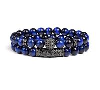 DEJIN Lot de 2 bracelets élastiques en perles œil de tigre de 8 mm en pierre naturelle pour homme et femme avec boules en oxyde de zirconium, Pierre