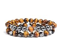 DEJIN Lot de 2 bracelets en hématite irrégulière en obsidienne noire avec perles œil de tigre naturelles pour couple hommes et femmes, Pierre