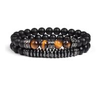 DEJIN Lot de 2 bracelets en pierre naturelle œil de tigre noir mat et agate pour homme - Bracelets extensibles en onyx - Cadeaux pour homme, Pierre