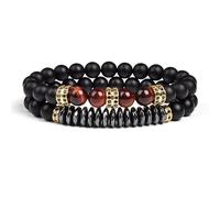 DEJIN Lot de 2 bracelets en pierre naturelle œil de tigre noir mat et agate pour homme - Bracelets extensibles en onyx - Cadeaux pour homme, Pierre