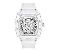 DEJIN Montre Homme Creusée À La Mode - Tonneau Transparent Analog Display Silicone Strap Calendar Quartz Waterproof Trend Male Wrist Watch (Blanc)