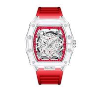DEJIN Montre Homme Creusée À La Mode - Tonneau Transparent Analog Display Silicone Strap Calendar Quartz Waterproof Trend Male Wrist Watch (Rouge)