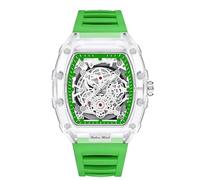DEJIN Montre Homme Creusée À La Mode - Tonneau Transparent Analog Display Silicone Strap Calendar Quartz Waterproof Trend Male Wrist Watch (Vert)