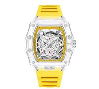 DEJIN Montre Homme Creusée À La Mode - Tonneau Transparent Analog Display Silicone Strap Calendar Quartz Waterproof Trend Male Wrist Watch (Jaune)