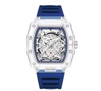 DEJIN Montre Homme Creusée À La Mode - Tonneau Transparent Analog Display Silicone Strap Calendar Quartz Waterproof Trend Male Wrist Watch (Bleu)