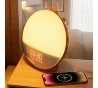 Dekala Réveil lever du soleil en grain de bois, radio FM, lumière du soleil, lampe coucher du soleil, 7 sons de la nature, double alarme, lampe d'ambiance colorée, décoration de chambre, snooze pour