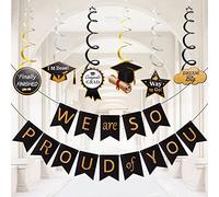 Dekewe Graduation Decoration Kit 2022 Bannière D'obtention du Diplôme, Décorations de Remise des Diplômes 34 Pièces, Bannières de Remise des Diplômes de Félicitations noir et or, Drapeaux de Lettres