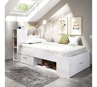 Lit avec tête de lit rangements et tiroir - 90 x 190 cm - Blanc - LEANDRE