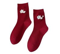 DEKKRYNFV Chaussettes confortables en coton rouge pour femme avec flocage festif de dessin animé respirant pour les vacances et la détente à la maison - Cheville décontractée, chiot perle, taille
