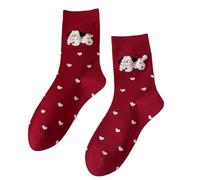 DEKKRYNFV Chaussettes confortables en coton rouge pour femme avec flocage festif de dessin animé respirant pour les vacances et la détente à la maison - Cheville décontractée, chiot aimant, taille