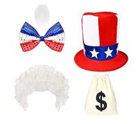DEKKRYNFV Costume patriotique d'oncle pour homme - Accessoires de festival du 4 juillet - Comprend un chapeau, un nœud papillon, une barbe et un sac d'argent - Accessoires d'Halloween