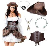 DEKKRYNFV Lot de 5 accessoires de pirate : corset, écharpe, tour de taille, cache-œil et chapeau pour cosplay, costume d'Halloween