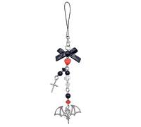 DEKKRYNFV Pendentif pour téléphone Halloween gothique punk aile de chauve-souris avec lanière de téléphone fait à la main nœud cœur porte-clés chauve-souris