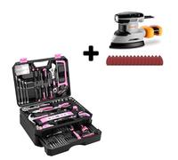 DEKO Caisse a Outil Avec Perceuse Visseuse Sans Fil 12V, 238 Pièces Rose et 180W Ponceuse Triangulaire