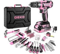 DEKO Caisse à Outils Complète 186 Pièces: Boîte à Outils Rose avec Perceuse Visseuse Sans Fil 20V, 1.5Ah Batterie, pour Maison, Bureau et Voiture, pour Entretien Quotidien