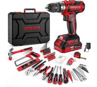 DEKO Caisse à Outils Complète 186 Pièces: Boîte à Outils Rouge avec Perceuse Visseuse Sans Fil 20V, 1.5Ah Batterie, pour Maison, Bureau et Voiture, pour Entretien Quotidien