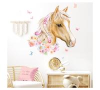 DEKO KINDERZIMMER DK1049-2 Sticker mural décoratif pour chambre de bébé Motif tête de cheval avec fleurs et papillons