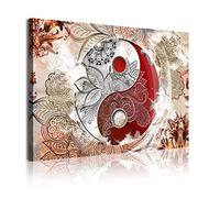 DekoArte 365 - Impression Sur Toile Moderne D'Images Artistiques | Toile Décorative Pour Votre Salon Ou Votre Chambre | Style Abstrait Ying Yang Zen Couleurs Beige et Rouge | 1 Pièce 120 x 80 cm