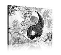 DekoArte 366 - Impression Sur Toile Moderne D'Images Artistiques | Toile Décorative Pour Votre Salon Ou Votre Chambre | Style Abstrait Ying Yang Zen Couleurs Blanc Noir | 1 Pièce 120 x 80 cm