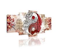 DekoArte 518 - Impression Sur Toile Moderne D'Images Artistiques | Toile Décorative Pour Votre Salon Ou Votre Chambre | Style Abstrait Ying Yang Zen Couleurs Beige et Rouge | 5 Pièces 200 x 100 cm XXL