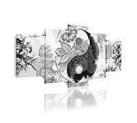 DekoArte 519 - Impression Sur Toile Moderne D'Images Artistiques | Toile Décorative Pour Votre Salon Ou Votre Chambre | Style Abstrait Ying Yang Zen Couleurs Blanc Noir | 5 Pièces 200 x 100 cm XXL