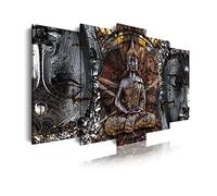 DekoArte - Impression Sur Toile Moderne D'Images Artistiques Numérisées | Toile Décorative Pour Votre Salon Ou Votre Chambre | Style Zen avec Bouddha En Bronze, Noir Blanc | 5 Pièces 150 x 80 cm