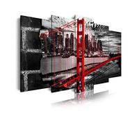 DekoArte - Impression Sur Toile Moderne D'Images Artistiques Numérisées | Toile Décorative Pour Votre Salon Ou Votre Chambre | Style Villes USA Golden Gate Blanc Noir Rouge | 5 Pièces 150 x 80 cm