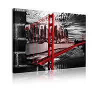 DekoArte - Impression Sur Toile Moderne D'Images Artistiques Numérisées | Toile Décorative Pour Votre Salon Ou Votre Chambre | Style Villes USA Golden Gate Blanc Noir Rouge | 1 Pièce 120 x 80 cm