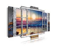 DekoArte - Impression Sur Toile Moderne | Toile Décorative Pour Votre Salon Ou Votre Chambre | Style Paysage Vue Sur La Plage au Coucher De Soleil depuis la Fenêtre | 5 Pièces 150 x 80 cm