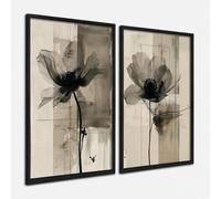 DekoArte - Tableau decoration murale salon FLEURS 50x70cm x2 avec cadre | Set 2 tableaux avec cadre noir inclus, impression fleurs minimalistes noires, prêts à accrocher