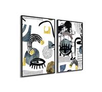 DekoArte - Tableau decoration murale salon PICASSO 50x70cm x2 avec cadre | Set 2 tableaux avec cadre noir, impression art abstrait Picasso en tons blancs, noirs et bleus, prêts à accrocher