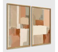 DekoArte - Tableau decoration murale salon TERRACOTTA 50x70cm x2 cadre | Set 2 tableaux avec cadre couleur bois, impression abstraite moderne en tons terracotta et beige, prêts à accrocher