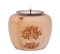 Dekobox Photophore Mia en bois de pin avec motif arbre de vie au laser, H 7 x D 7 cm