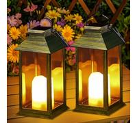 Dekofun Lanterne Solaire Exterieur, 2 Pièces Suspension Lampe Solaire avec Bougie LED Flamme Vacillante, IP44 Étanche Deco Jardin Exterieur pour Table Terrasse Funeraire Balcon Decoration - Bronze
